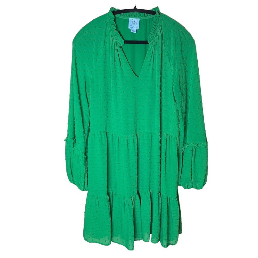 CeCe Green Long Sleeve V-Neck Ruffled Clip Dot Dress Size Medium Lined